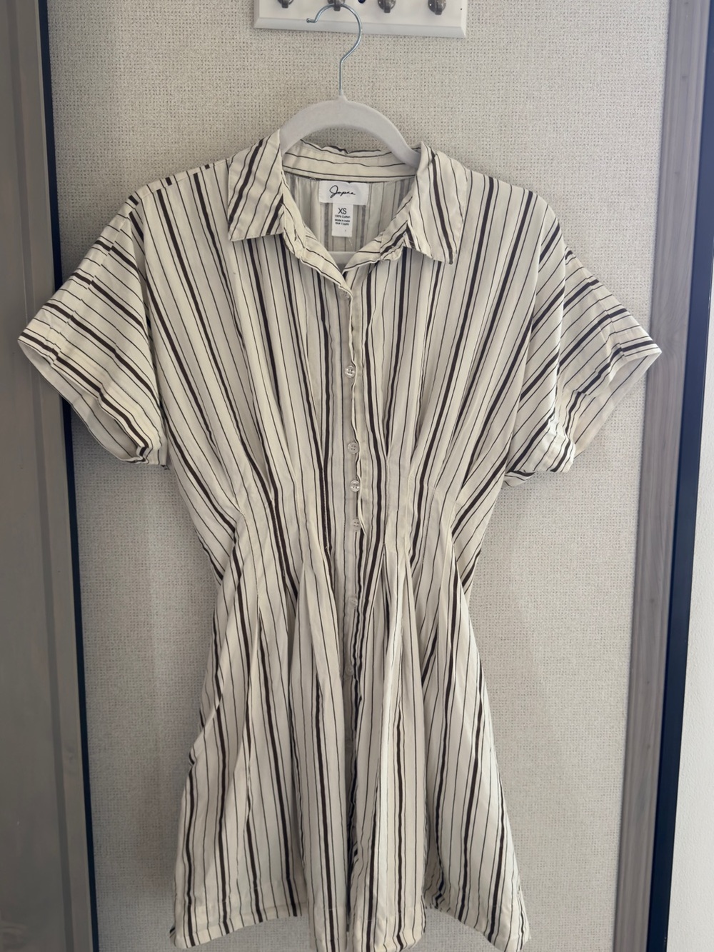 Japna Cream and Brown Striped Button-Front Cinched Waist Shirt Dress